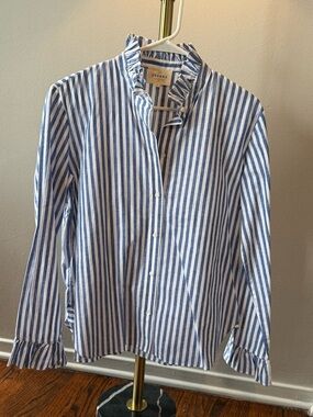 Sezane Blue and White Striped Ruffle-Collar Blouse-size 36/8/M/L Never Worn